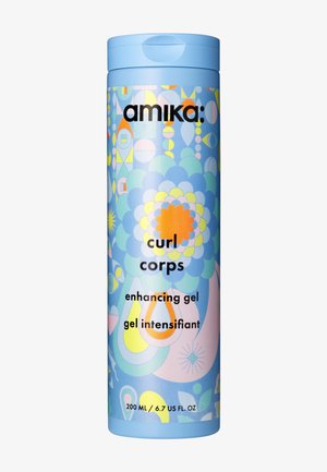 Gel rinforzante Curl Corps in un contenitore cilindrico blu con motivi geometrici colorati e marchio nero. Volume: 200 ml.