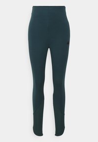 Leggings atletice cu talie înaltă, de culoare teal închis, realizate dintr-un material elastic cu o textură netedă, cu accente contrastante la glezne.