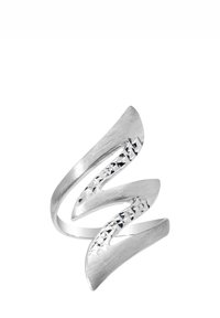 Bague en argent au design torsadé, présentant une finition brossée texturée et une section incrustée de petits strass facettés.