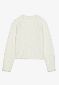 Witte, gestructureerde cardigan met een V-hals, lange mouwen en vijf knopen aan de voorkant. Zacht, pluizig materiaal met een cropped ontwerp.