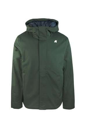 Dark green jacket with a front zipper and high collar, featuring a blue interior lining and a small logo on the chest.
