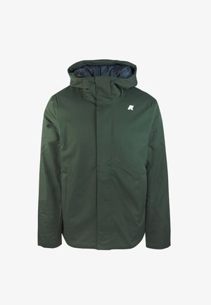 Dark green jacket with a front zipper and high collar, featuring a blue interior lining and a small logo on the chest.