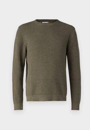 Olive green knitted sweater with a round neckline, long sleeves, and textured fabric. Features ribbed cuffs and hem for a snug fit.
