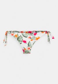 Parte de baixo de biquíni floral com laterais atadas, apresentando um fundo branco adornado com folhas verdes, flores laranja e rosa, e padrões de melancia.