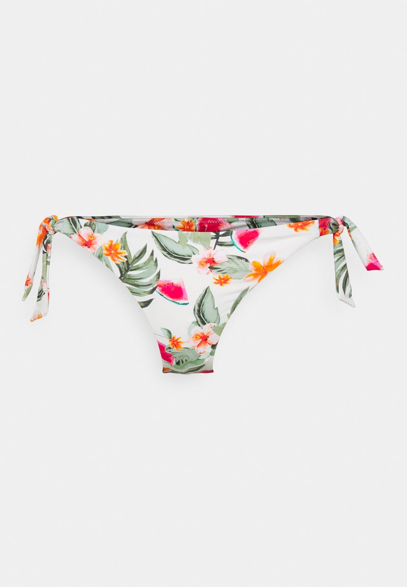Parte de baixo de biquíni floral com laterais atadas, apresentando um fundo branco adornado com folhas verdes, flores laranja e rosa, e padrões de melancia.