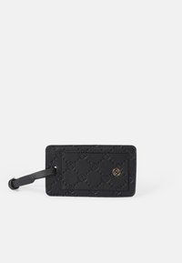 Black cardholder made of textured synthetic material, featuring a geometric pattern, smooth edges, and a gold logo accent.