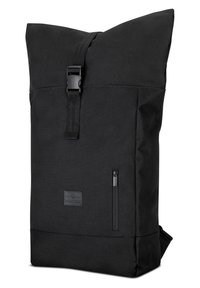 Black roll-top backpack with front buckle strap, vertical zipper pocket, and small rectangular logo patch near the bottom.