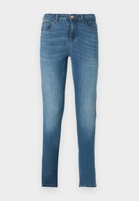 Fénykék kék denim anyagú, elhasználódott hatású skinny farmernadrág, öt zsebbel, fém gombos záródással és diszkrét varrási részletekkel. Egyenes szárú.
