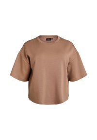 Pruun ülemõõduline puuvillane T-särk lühikeste varrukatega, ümmarguse kaelakaelusega ja siledast tekstuurist. Kaeluses on keskmine silt.