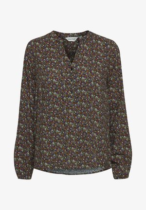 Langermet bluse i mørkt stoff med blomstermønster i flere farger. V-hals med knappedetaljer. Mykt, lett materiale.