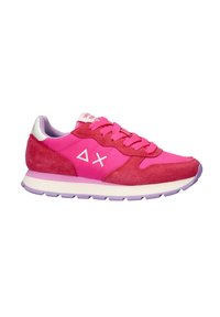 Rosa Sportschuhe aus Wildleder und synthetischen Materialien, mit einer kontrastierenden lila Sohle und einem auffälligen Logodetail.
