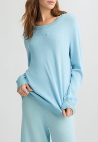 Maglione azzurro chiaro con collo a coste e polsini. Presenta un discreto logo, realizzato in tessuto morbido e dalla vestibilità comoda.