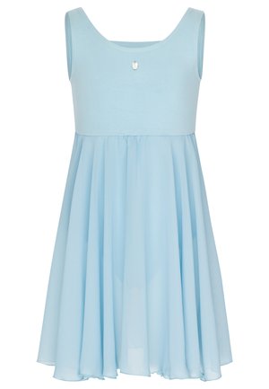 Helles blaues Kleid mit einem figurbetonten Baumwolloberteil und einem schwingenden Tüllrock, ausgestattet mit einem runden Ausschnitt und einem kleinen Dekoknopf.