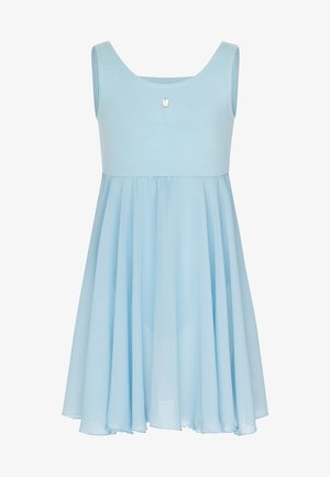 Light blue dress with a fitted top made of cotton and a flowing tulle skirt, featuring a round neckline and a small decorative button.