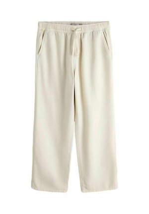 Beige Hosen mit weitem Bein, elastischem Bund und Kordelzug, Fronttaschen und entspannter Passform.
