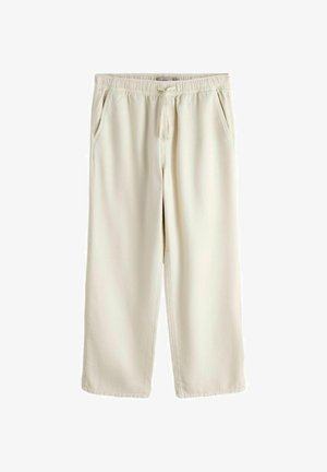 Beige Hosen mit weitem Bein, elastischem Bund und Kordelzug, Fronttaschen und entspannter Passform.