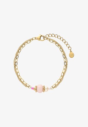 Goldenes Doppelkettenarmband mit rosa, goldfarbenen und Perlen-Perlen sowie einem verstellbaren Verschluss mit einer kleinen runden Marke.