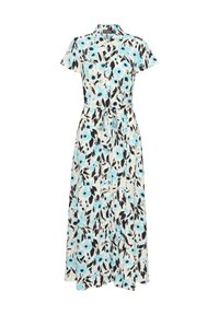 Květinové šaty s krátkým rukávem a knoflíky, s modro-černým květinovým vzorem na krémovém pozadí; zahrnují detail s uvázaným pasem.