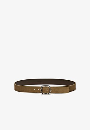 Brown suede belt with a smooth finish, featuring a square silver metal buckle and multiple holes for adjustable fitting.