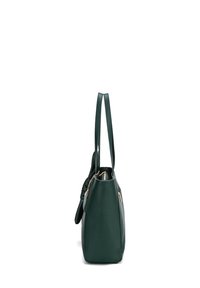 Borsa tote verde in pelle con due manici, superficie texturizzata e scomparto con zip. La vista laterale mostra una forma strutturata.