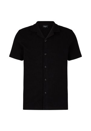 Black short-sleeve shirt made from textured fabric, featuring a notched collar, button closure, and a straight hem.