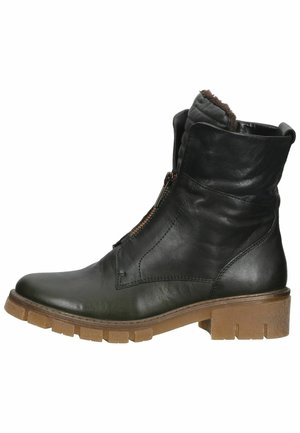 Bottines noires en cuir avec un dessus texturé, fermeture éclair latérale et semelle robuste marron. Présentent un col légèrement affaissé et une doublure chaude.