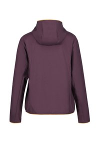 Chaqueta morada con capucha, con puños y dobladillo elásticos, que presenta una textura suave y acentos amarillos a lo largo de los bordes. Vista trasera visible.