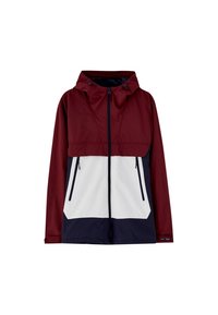 Waterdichte jas met een bordeauxrode bovenkant, een wit middenstuk en een donkerblauwe onderkant. Voorzien van een capuchon, een rits aan de voorzijde en twee zakken met rits.