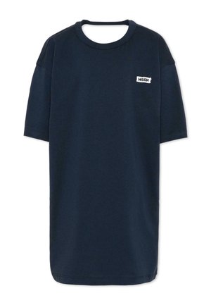 Maglietta oversize a maniche corte blu navy con scollo rotondo e piccolo logo rettangolare bianco MSGM sul petto a sinistra.