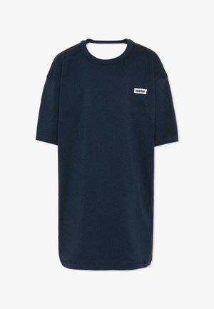 Granatowy, oversize'owy t-shirt z krótkim rękawem, okrągłym dekoltem oraz małym białym prostokątnym logo MSGM na lewej piersi.