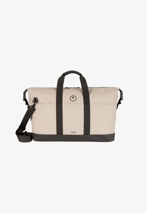 Beżowa torba na ramię z czarnymi uchwytami i spodem, z logo, regulowanym paskiem na ramię oraz zamkiem błyskawicznym. Wykonana z trwałego materiału.