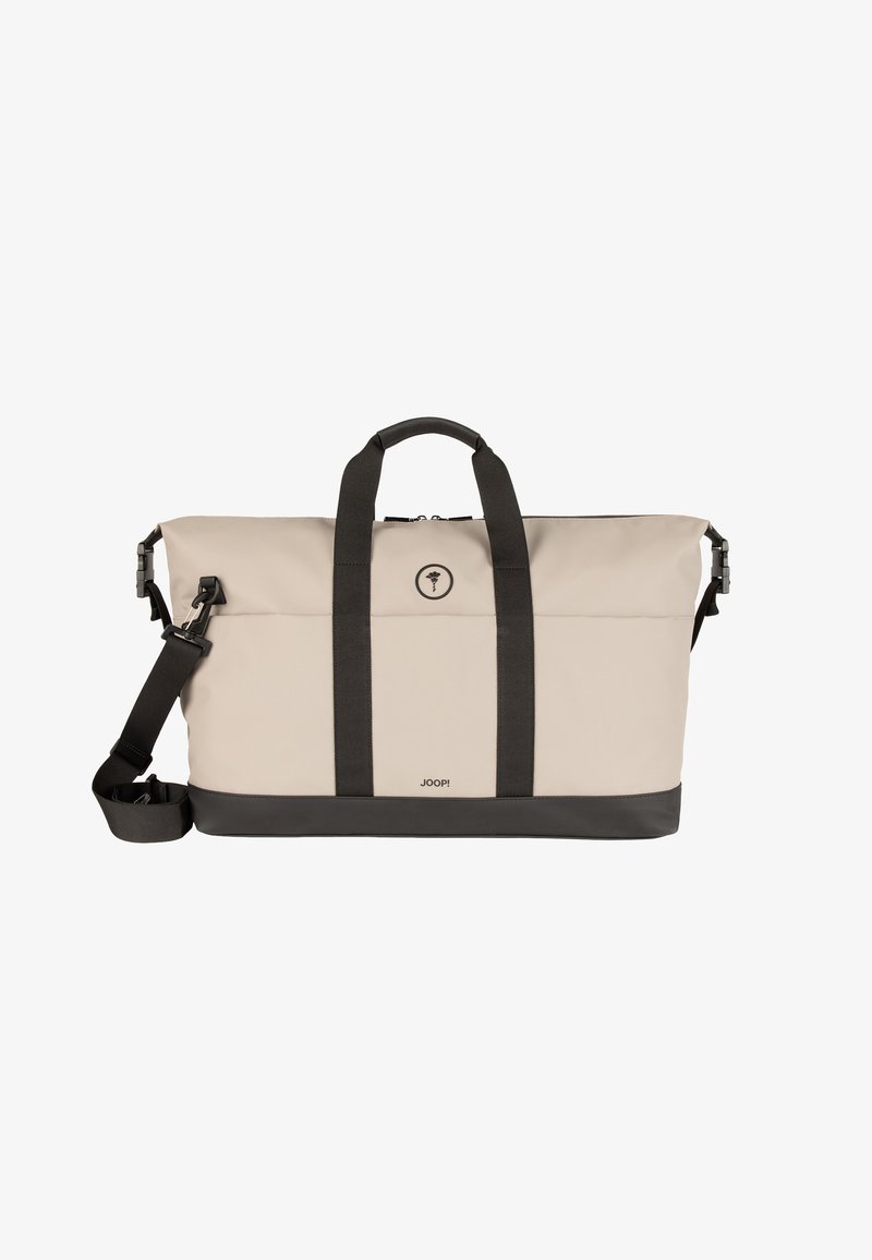 Borsa a mano beige con manici neri e base nera, con logo, tracolla regolabile e chiusura con zip. Realizzata in materiale resistente.