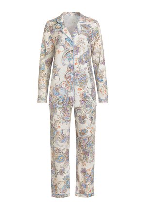 Witte pyjamaset met lange mouwen met blauwe, paarse en oranje paisley bloemmotieven en een knoopsluiting aan de voorkant.