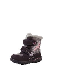 Botas de invierno para niños de color púrpura con un suave forro de piel, dos correas de velcro y un diseño de unicornio rosa sobre un fondo gris.