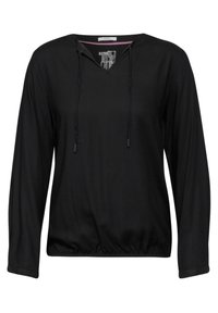 Schwarzer leichter Pullover mit Kapuze, aus Netzstoff gefertigt. Mit langen Ärmeln, Kordelzügen und einem gerafften Saum für eine entspannte Passform.
