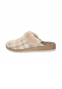 Pantofole beige a scacchi con colletto in pelliccia morbida e suola piatta. Tessuto morbido con motivo testurizzato, progettate per il comfort e la facilità d'uso.