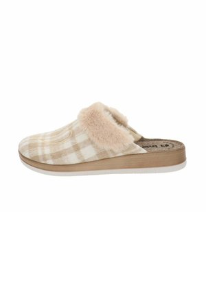Pantofole beige a scacchi con colletto in pelliccia morbida e suola piatta. Tessuto morbido con motivo testurizzato, progettate per il comfort e la facilità d'uso.