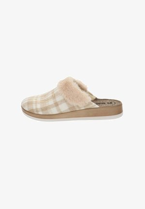Pantofole beige a scacchi con colletto in pelliccia morbida e suola piatta. Tessuto morbido con motivo testurizzato, progettate per il comfort e la facilità d'uso.