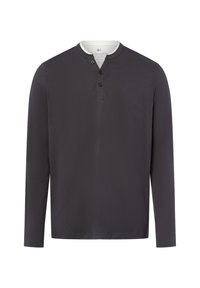 Langärmliges, dunkelgraues Henley-Shirt aus weichem Stoff, mit einem geknöpften Halsauschnitt und einem runden Kragen. Glatte Textur, lässiges Design.
