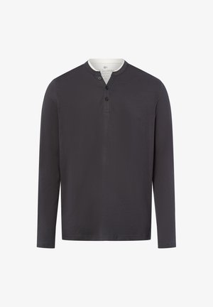 Long-sleeve, dark gray henley shirt made of soft fabric, featuring a buttoned neckline and a round collar. Smooth texture, casual design.