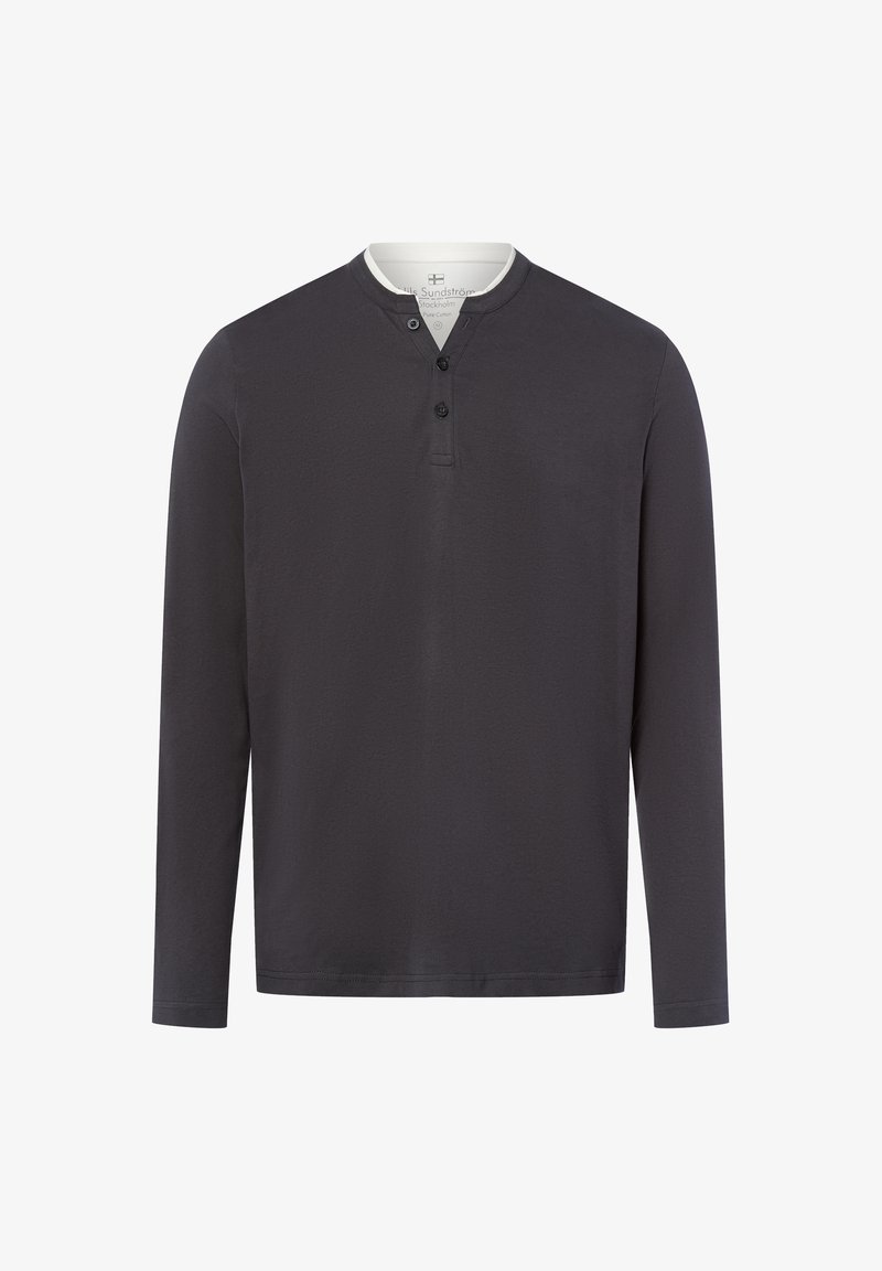 Langslivige, donkergrijze henley-shirt gemaakt van zacht materiaal, met een knoopsluiting bij de hals en een ronde kraag. Soepele textuur, casual ontwerp.