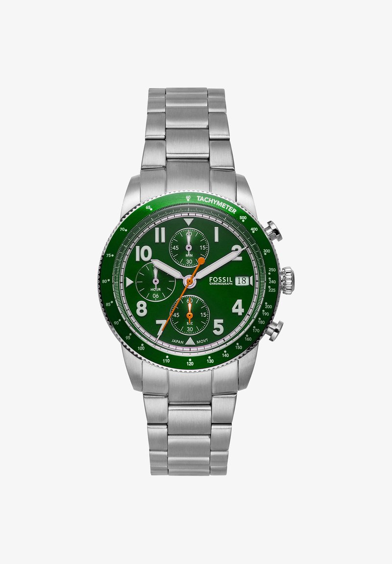 Stainless steel Fossil chronograph watch with green dial, silver hour markers, orange second hand, three subdials, and date display at 3 o'clock.