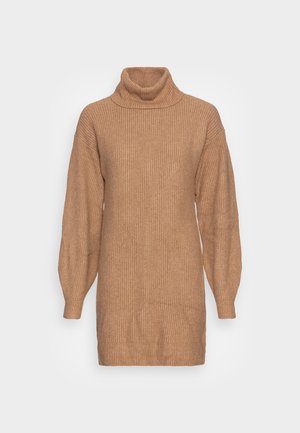 Langwerpige trui-jurk met col, gemaakt van geribbelde brei in kameelkleur, met licht opgeblazen mouwen en een ontspannen pasvorm.