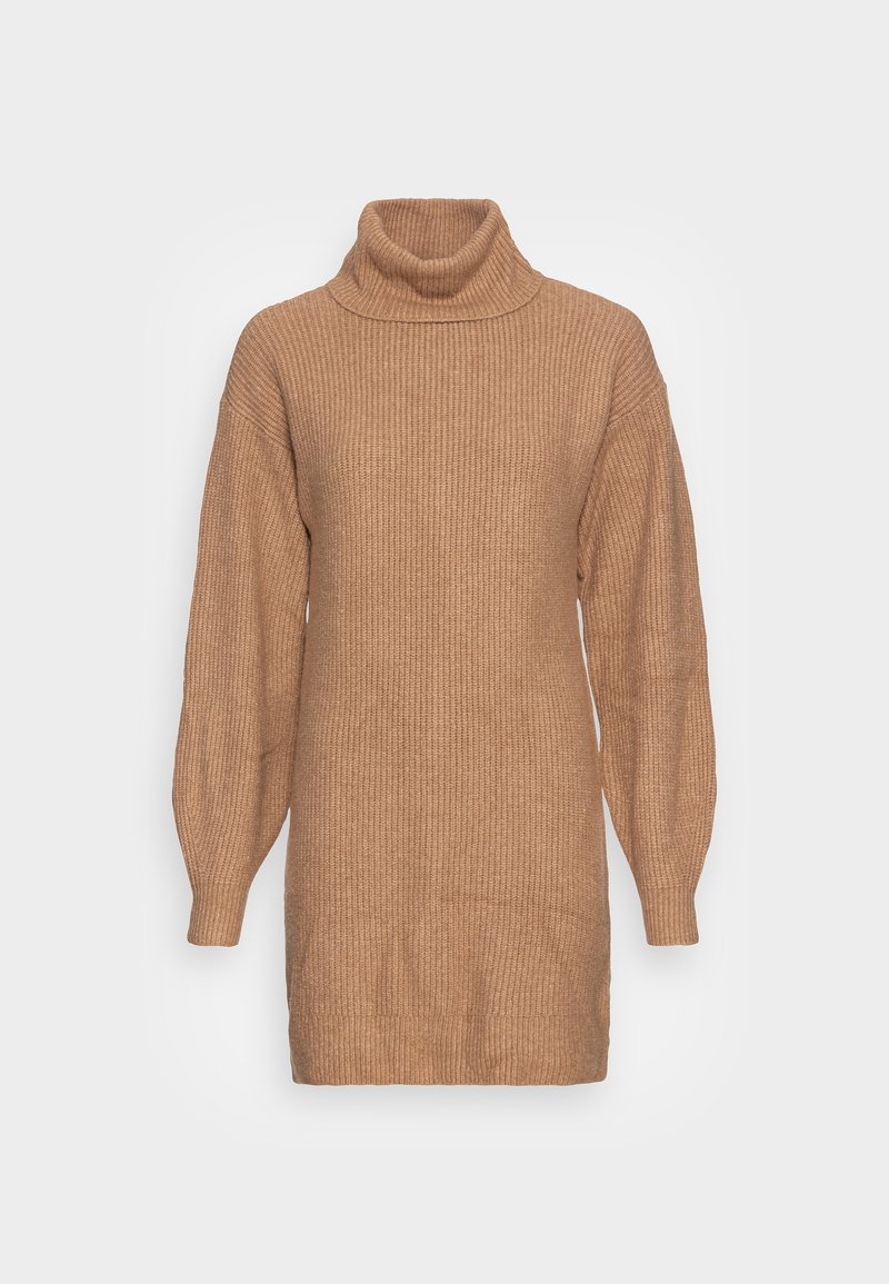 Robe pull col roulé à manches longues en tricot à côtes de couleur chameau, avec manches légèrement bouffantes et coupe décontractée.