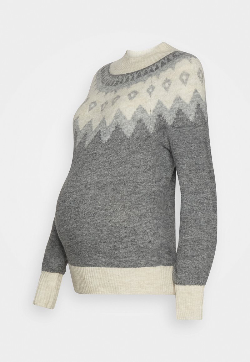Maternity sweater in grey with a cream geometric pattern; ribbed neck and cuffs; soft texture; fitted silhouette designed for comfort.