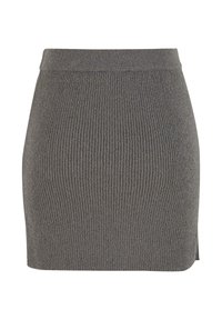 Mini-jupe en maille côtelée grise avec taille élastique et petite fente latérale sur fond blanc uni.