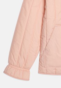 Polsterdatud jakk heleda roosa värviga, elastsete mansettide, diagonaalsete õmbluste ja esikoti ning sileda, tekstuuriga viimistlusega.