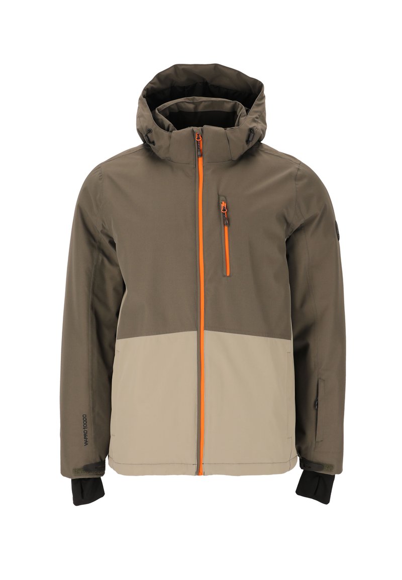 Wasserdichte Jacke in Braun und Beige, mit Reißverschluss vorne, verstellbarer Kapuze, orangen Reißverschlussakzenten und Seitentaschen.