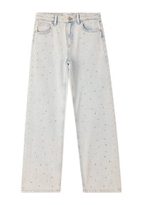 Jeans in denim azzurro con vestibilità dritta, caratterizzati da un motivo a pallini sparsi di piccoli chiodi d'argento e tasche standard.