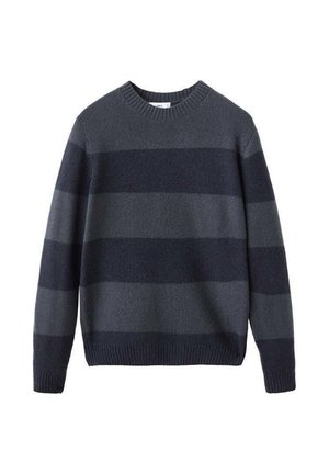 Suéter de cuello redondo de manga larga a rayas en gris oscuro y claro, con puños y dobladillo acanalados, dispuesto en una superficie blanca.
